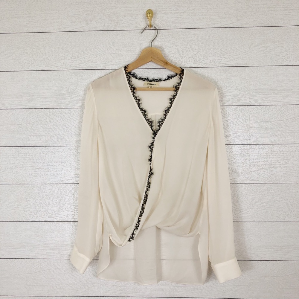 L’agence Beige Silk Cross Front High Low Flowy Blouse With Black Lace Trim Sz S